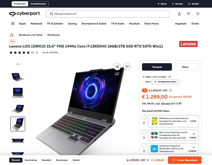 Lenovo LOQ 15IRX10 83JE0022GE für 1.299 Euro.