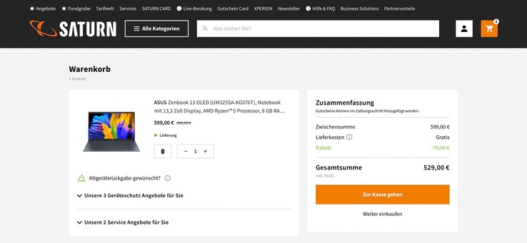 Wird das Zenbook 13 OLED in den Warenkorb gelegt, so wird der Preis automatisch um 70 Euro reduziert.