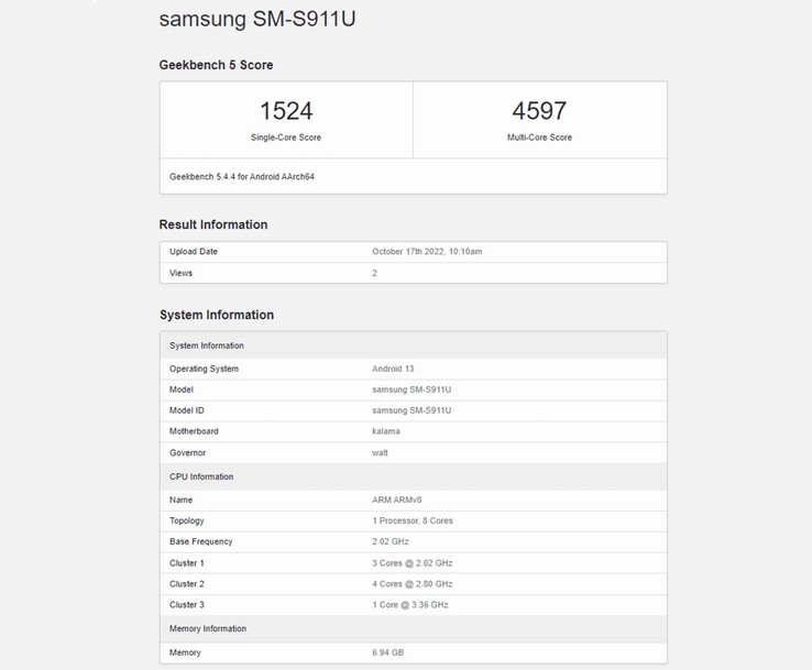 Dieser Geekbench-Eintrag liefert einen Vorgeschmack auf die Leistung des Samsung Galaxy S23. (Screenshot via GalaxyClub)