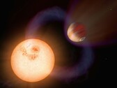 Ein Bild zeigt einen Exoplaneten und einen Stern im Universum