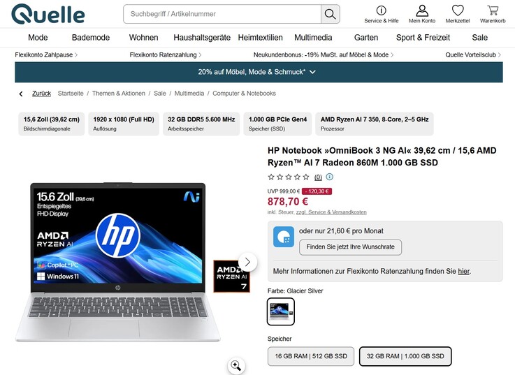 HP OmniBook 3 15-fn0278ng (CA8T8EA) für 878,70 Euro.