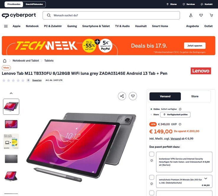 Lenovo Tab M11 ZADA0314SE für 149 Euro.