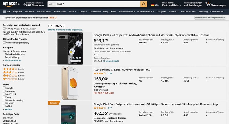 Bei Amazon Deutschland kostet das Pixel 7 mehr als in Spanien. (Screenshot: Amazon)