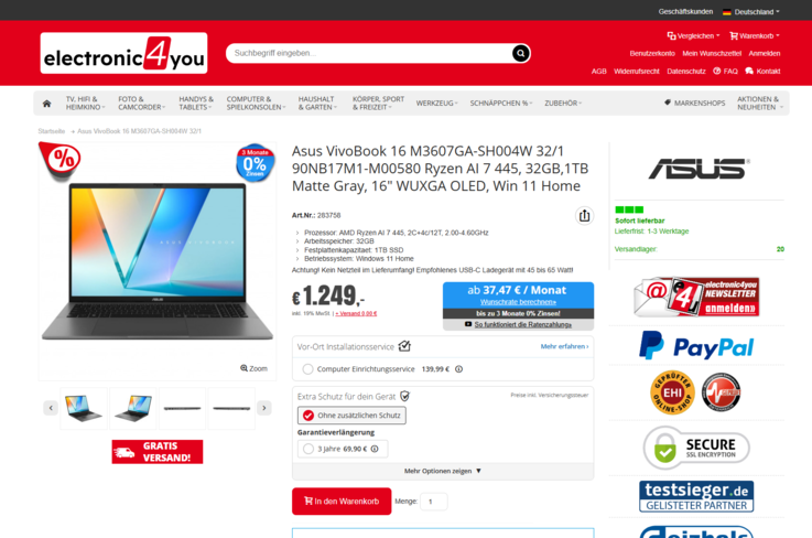 Asus VivoBook S16 M3607GA-SH004W für 1.249 Euro.