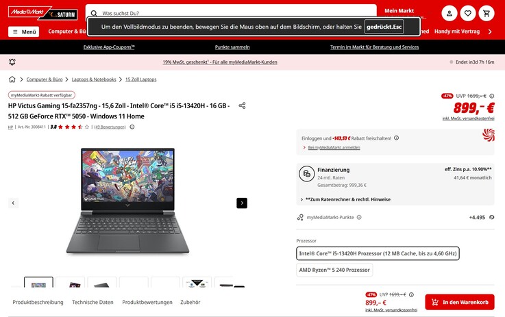 Das HP Victus 15-fa2357ng wäre dank einer Rabattaktion (Mehrwertsteuer geschenkt) bereits für 755,47 Euro zu bekommen.