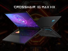 Gaming-Laptop MSI Crosshair 16 HX MAX in schräger Frontansicht auf einem Tisch, mit beleuchteter RGB-Tastatur vor einem farbenfrohen, futuristischen Spiele-Display.