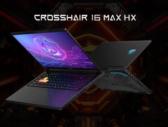 Gaming-Laptop MSI Crosshair 16 HX MAX in schräger Frontansicht auf einem Tisch, mit beleuchteter RGB-Tastatur vor einem farbenfrohen, futuristischen Spiele-Display.