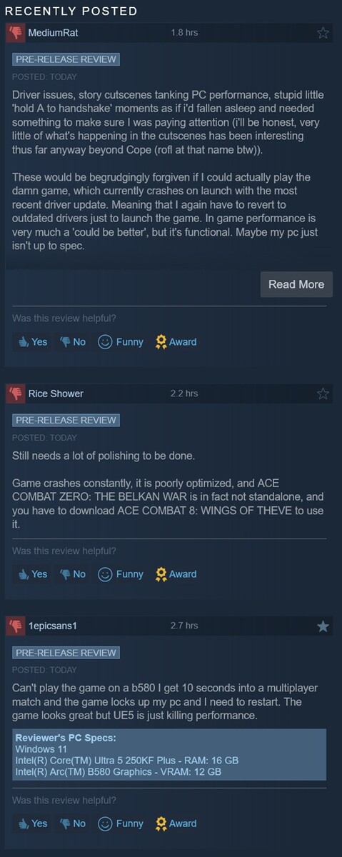 Negative Steam-Rezensionen zu Ace Combat 8: Wings of Theve