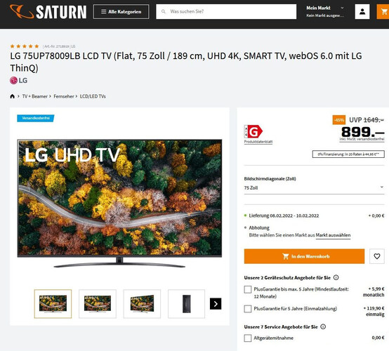 Saturn: LG UP78009LB 65- und 75-Zoll-Fernseher zu absoluten Kracherpreisen im Angebot.