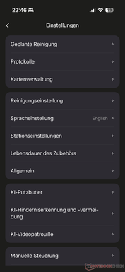 Menü mit vielen Einstellungen