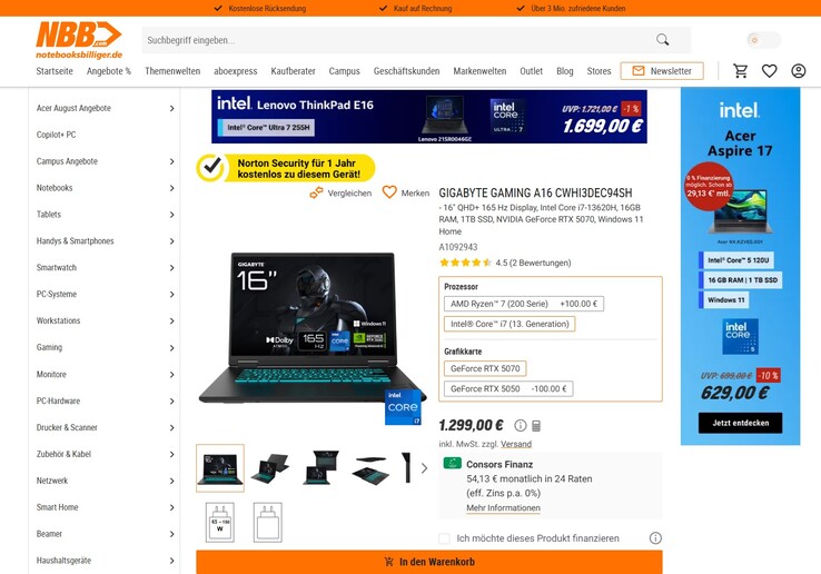 Gigabyte Gaming A16 CWHI3DEC94SH für 1.299 Euro.