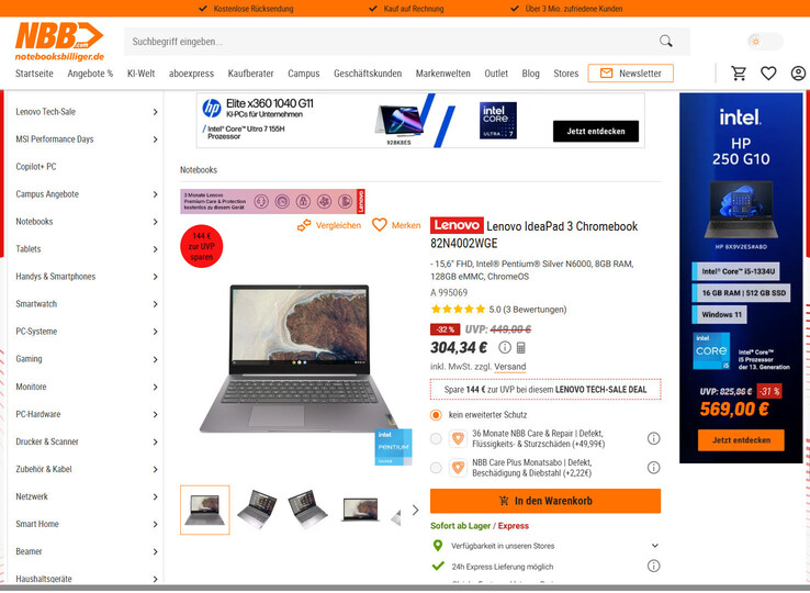 Lenovo IdeaPad 3 Chromebook 15IJL6 (82N4002WGE) im Angebot für 304,34 Euro.