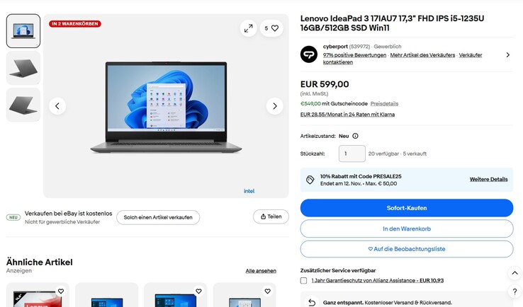 Lenovo IdeaPad 3 17IAU7 82RL003DGE dank eines Rabattcodes für 549 Euro.