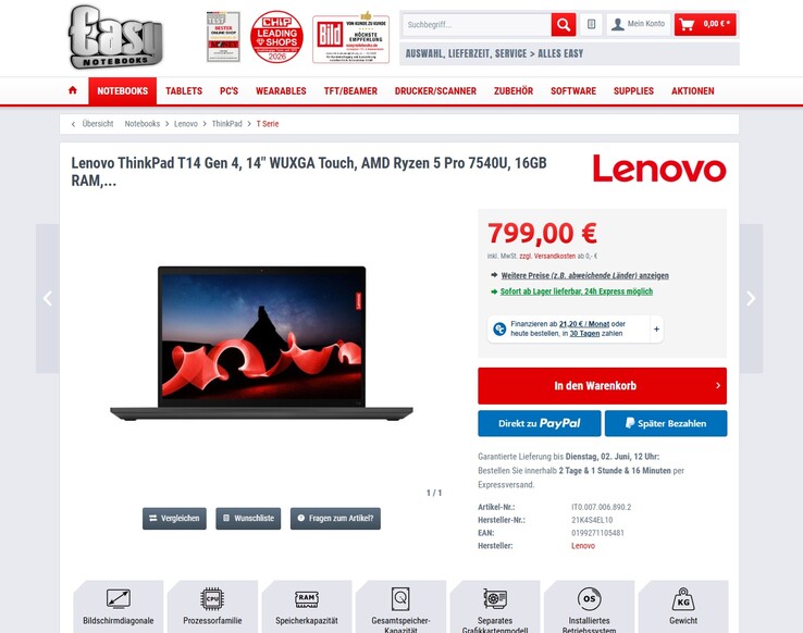 Lenovo ThinkPad T14 Gen 4 (21K4S4EL10) für 799 Euro.
