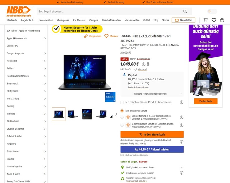 Medion Erazer Defender 17 P1 für 1.049 Euro.