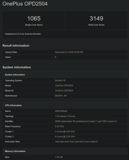 Der Benchmark-Eintrag des OnePlus Pad Go 2 (Bildquelle: Geekbench)