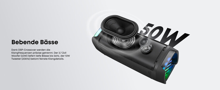 Die maximale Ausgangs-Audioleistung wird mit 50 Watt angegeben (Bildquelle: Anker)