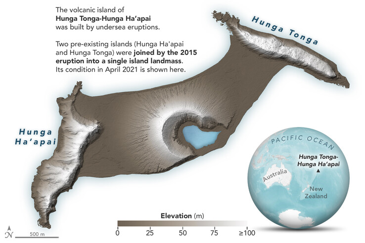 Hunga Tonga und Hunga Ha‘apai waren bis zum Ausbruch eine große Insel. (Grafik: Nasa)