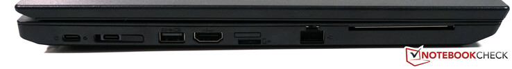 Links: USB-C Gen.1, Side-Dock-Connector (USB-C Gen.1 + Netzwerk), USB 3.1 Typ-A, HDMI 1.4b, Nano-SIM, microSD, RJ45, SmartCard
