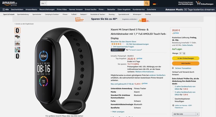Amazon bietet das Xiaomi Mi Smart Band 5 als "Angebot des Tages" zum Spitzenpreis. (Bild: Amazon)