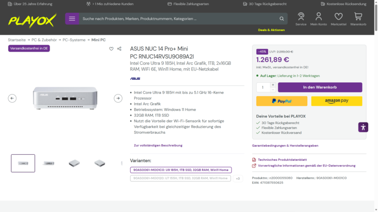 Asus NUC 14 Pro+ 90AS0061-M001C0 für 1.261,89 Euro.