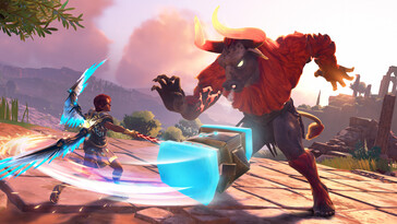 Ein Bild zeigt einen Kampf gegen einen Minotaurus in Immortals Fenyx Rising