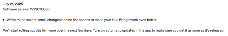 Die Versionshinweise zur Firmware-Version 1972076030 der Philips Hue Bridge. (Bildquelle: Philips Hue)