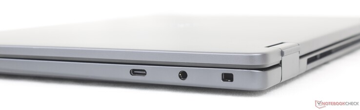 Rechts: USB-C 3.2 Gen.2 (20 Gbit/s) mit DisplayPort 1.4 + Power Delivery, 3,5-mm-Headset-Anschluss, Noble-Lock