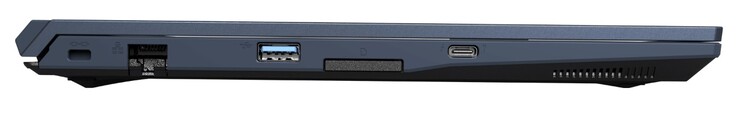 linke Seite: Kensington Lock, RJ45-LAN, USB-A 3.2 Gen1, Kartenleser, USB-C 4.0 Gen3x2 (inkl. Thunderbolt 4 & DisplayPort 1.4)