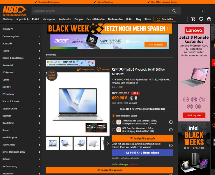 Asus Vivobook 16 M1607KA-MB058W für 699 Euro.