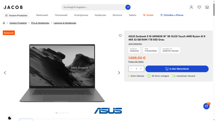 Asus ZenBook S16 UM5606GA-SR305W für 1.699 Euro.