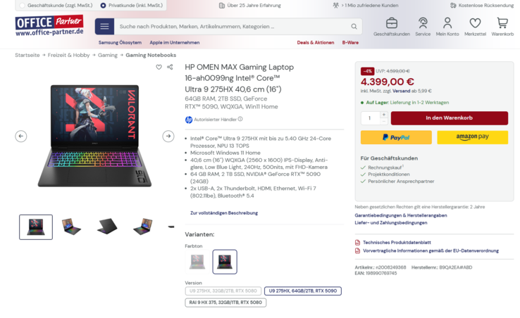 HP Omen Max 16-ah0099ng für 4.399 Euro.