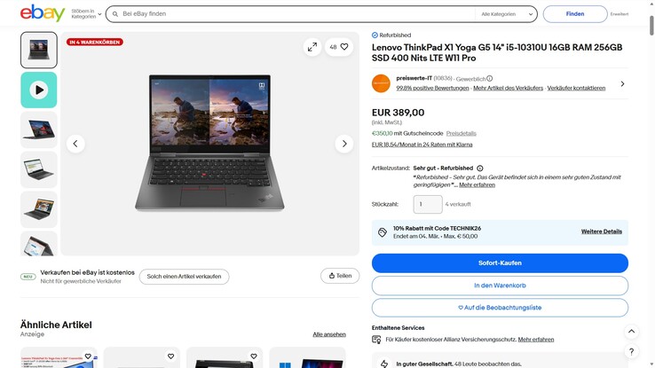 Das Lenovo ThinkPad X1 Yoga G5 wäre dank eines Rabattcodes für 350,10 Euro zu haben.