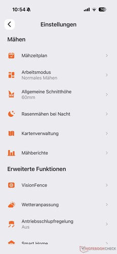 Menü mit Einstellungen
