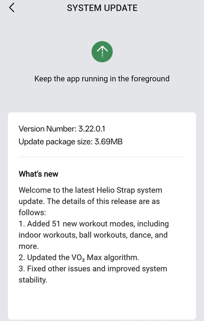 Die Versionshinweise für das Firmware-Update 3.22.0.1 des Amazfit Helio Strap