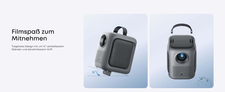 Der Beamer kommt mit Ständer und Griff