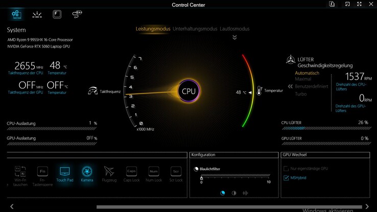 Die Leistungsprofile im Control Center des Apex 17