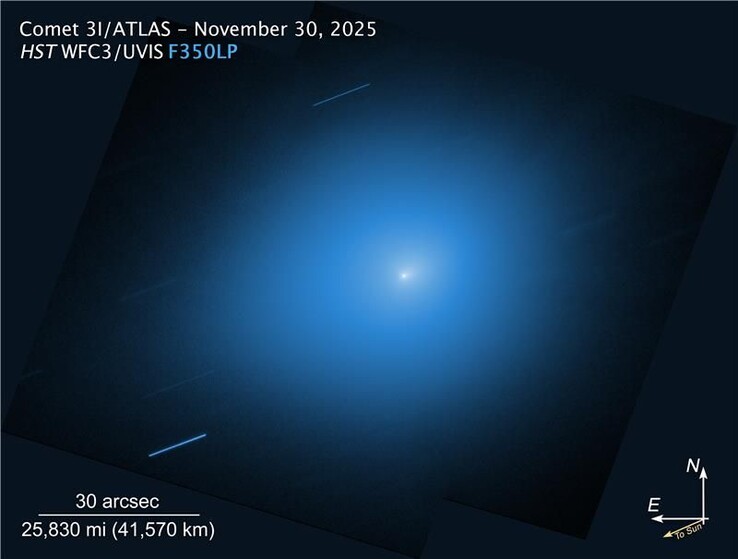 Aufnahme des Hubble-Weltraumteleskops vom 30. November 2025, die den Kometen 3I/ATLAS zeigt. (Bildquelle: NASA, ESA, STScI, D. Jewitt (UCLA), M.-T. Hui (Shanghai Astronomical Observatory). Bildbearbeitung: J. DePasquale (STScI))