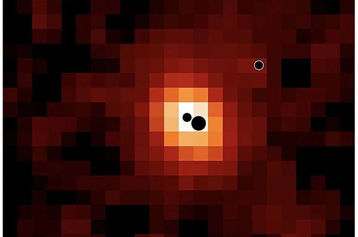 Eine Karte der Galaxie J0148-4214 und ihrer drei Schwarzen Löcher