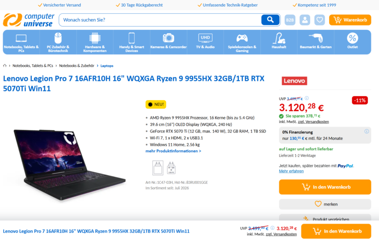 Lenovo Legion Pro 7 16AFR10H 83RU001GGE 3.120,28 Euro.