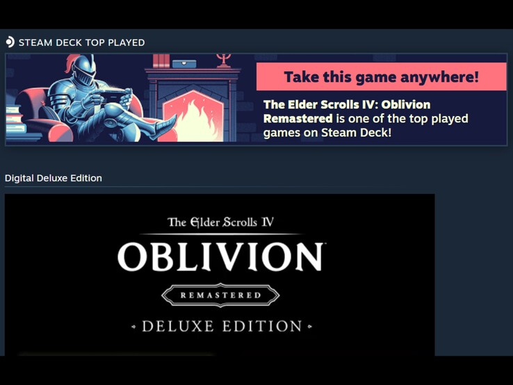 Ein Screenshot eines Werbebanners auf Steam, der The Elder Scrolls IV: Oblivion Remastered als eines der meistgespielten Spiele auf dem Steam Deck bewirbt. 