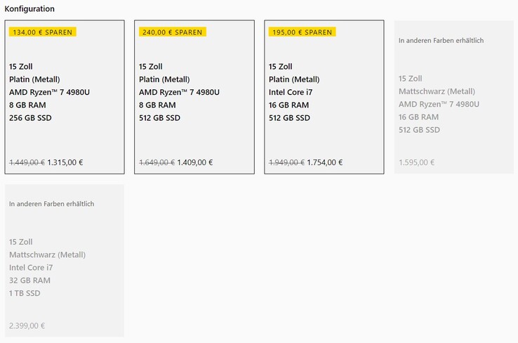 Die Preise des Surface Laptop 4 mit 15 Zoll (Bild: Microsoft)