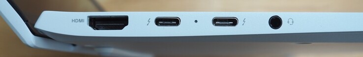 linke Seite: HDMI, 2x USB-C 4 Gen3x2 (Power Delivery, DisplayPort, Thunderbolt 4), 3.5 mm Klinke