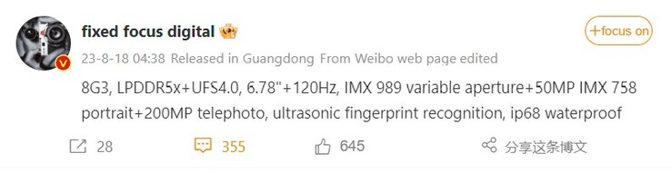 Möglicherweise bereits etwas veraltete Specs des nahenden Vivo X100 Pro+.