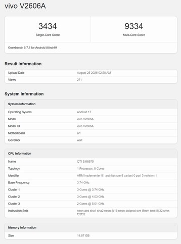 Das iQOO 16 mit Snapdragon 8 Elite Extreme Gen 6 im Geekbench-Leak.