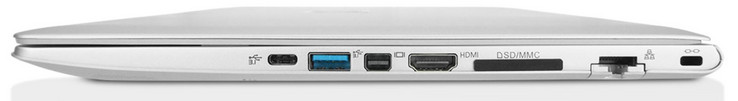rechts: USB Typ-C mit Thunderbolt 3, USB 3.1 Typ-A Gen1, MiniDisplayPort 1.3, HDMI 1.4b mit HDCP (max. 2560X1600@60Hz; 3840x2160@30Hz), Kartenleser, Gigabit-LAN-Port, Kensington-Lock