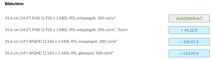 Display-Optionen in Lenovos Online-Shop