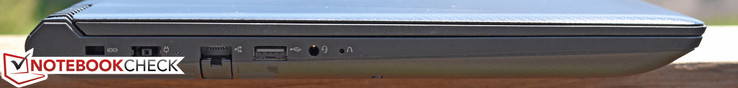 Linke Seite: Kensington Lock Slot, Netzteilanschluss, Gigabit Ethernet, USB 2.0, 3.5-mm-Audiokombo (headset), Lenovo OneKey Recovery