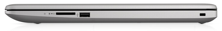 Rechte Seite (Modell ohne ODD): Speicherkartenleser (SD), USB 2.0 (Typ A), Steckplatz für ein Kabelschloss