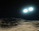 Eine Künstlerillustration zeigt zwei Neutronensterne und einen Planeten